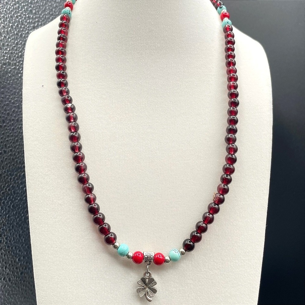 Vintage Red Silver Turquoise Round Beaded Necklace Four Petal Silver Flower Boho